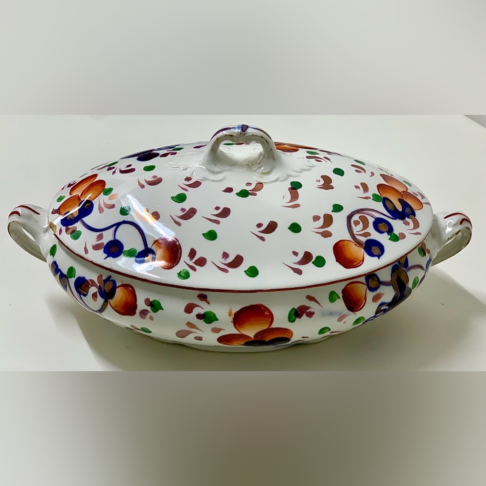 19th Century Antique Gaudy Welsh Oyster Pattern Allertons Marked Lidded Tureen